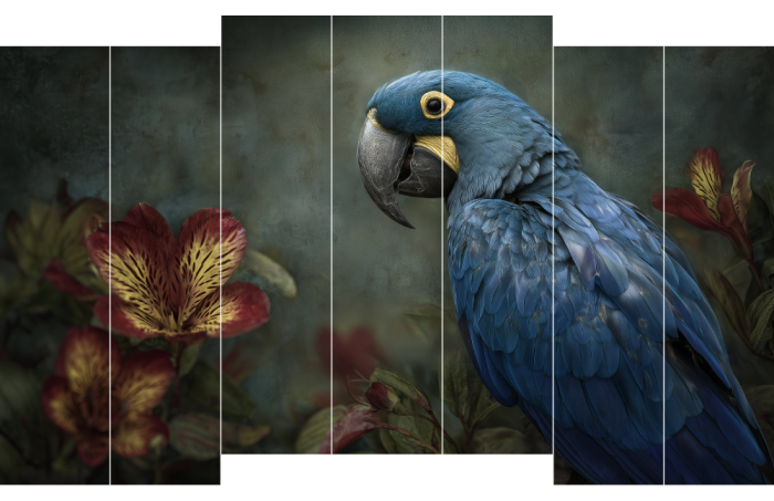 Blauwe papegaai met exotische Bloemen